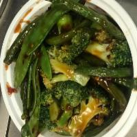 134. Triple Green Jade · Broccoli, string bean and snow peas. With white rice.