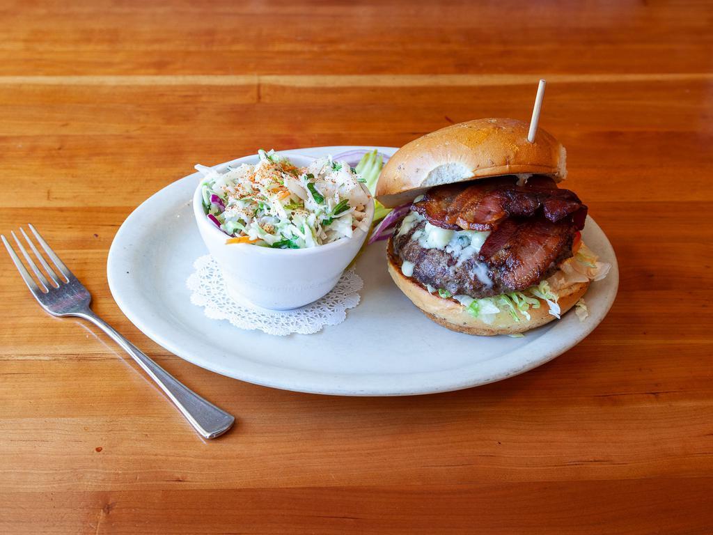 Crumbled Blue & Bacon Burger · Crumbled blue cheese and bacon.