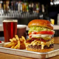 Mac & Cheese Burger · Mac & cheese, cheddar ale sauce, applewood smoked bacon, garlic mayo, lettuce, ripe tomato, ...