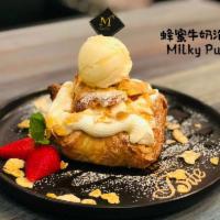 Milky Puff · Crispy Puff with Homemade Cream, Corn Flake, Vanilla Ice Cream and Honey.