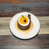 Coconut Mousse · Coconut Flavor Mousse with Chocolate shell and Fresh Mango Lychee
