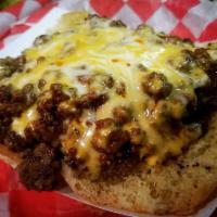 Open Face Chili Cheese Burger · 4 oz. of fresh-made chili, 3 oz. of hot melty fresh sliced cheddar cheese, served on top of ...