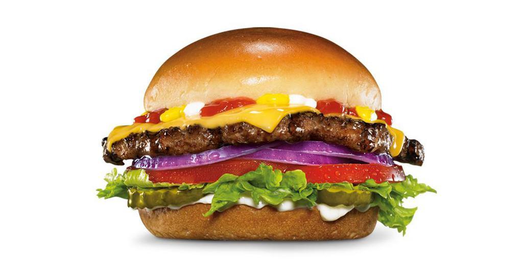 Original Angus Burger · Charbroiled Third Pound 100% Angus Beef, melted American 
cheese, lettuce, tomato, red onions, pickles, mustard, mayonnaise 
and ketchup, served on a potato bun. 