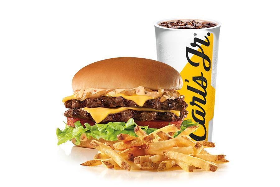 The California Classic Double Cheeseburger Combo · Two charbroiled all-beef patties, American cheese, grilled onions, Classic Sauce, lettuce and tomato on a plain bun. Served with small drink and small fry.