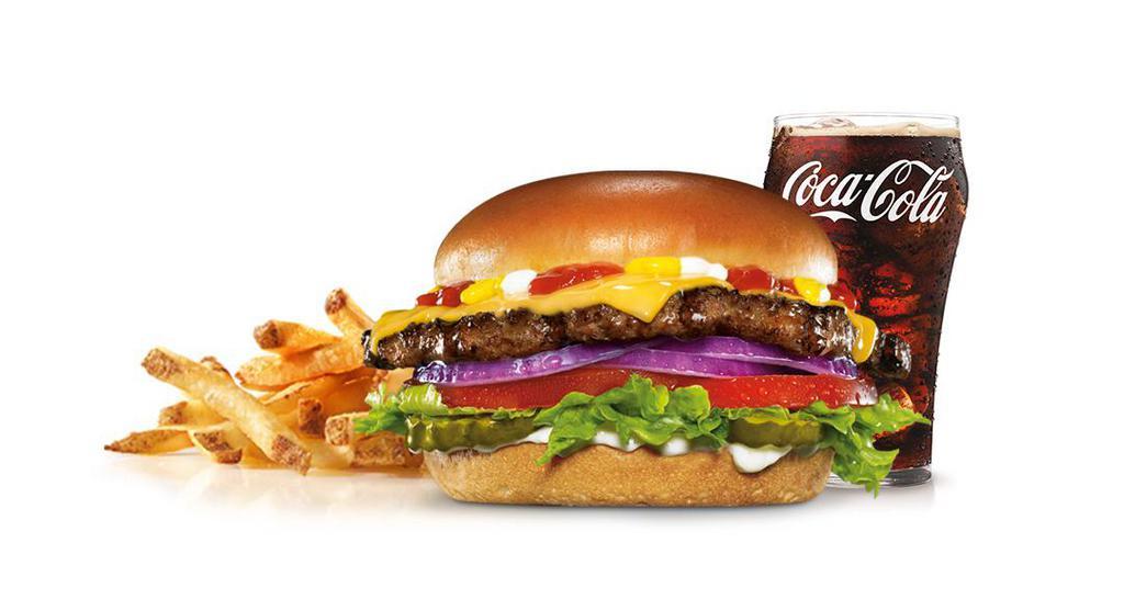 Original Angus Burger Combo  · Charbroiled Third Pound 100% Angus Beef, melted American cheese, lettuce, tomato, red onions, pickles, mustard, mayonnaise and ketchup, served on a potato bun. Served with small drink and small fry.