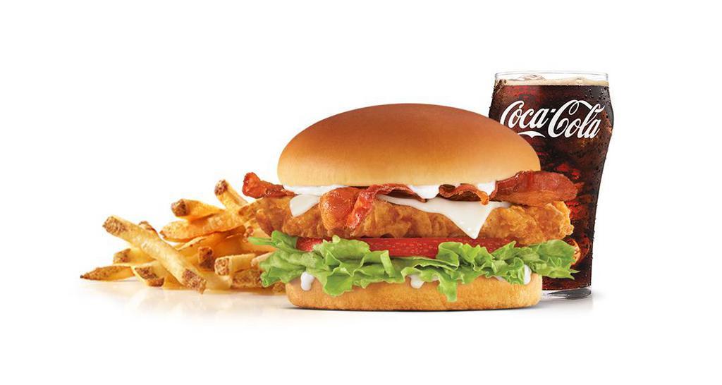 The Bacon Swiss Crispy Chicken Fillet Sandwich Combo · A crispy Chicken Fillet dusted with Southern Spices, topped with bacon, Swiss cheese, lettuce, tomato, and mayonnaise on a potato bun. Served with a small drink and small fry.