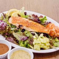 Salmon Salad  · 8 oz. Grilled Fresh Atlantic Salmon on a Bed of Baby Greens with Cucumber and Tomato. Italia...
