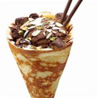 10. Chocolate Nut Party Crepe · Almonds, pistachio, chocolate ice cream (gelato), chocolate truffles, chocolate sauce, whipp...