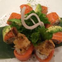 FX Roll · Shrimp tempura, avocado with salmon, avocado surrounded.