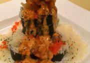 Volcano Roll · Spicy. Shrimp tempura, fish roe, avocado, spicy mayo, tempura crumb.