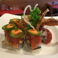 Scorpion Roll · Spicy. Deep fried soft shell crab & fish roe topped with spicy tuna, jalapenos, and spicy ma...
