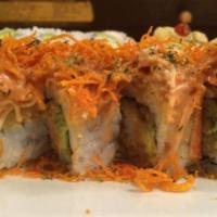 Chesapeake Bay Roll · Spicy. Shrimp tempura and avocado topped with spicy mayo, crab, special sesame sauce and dee...