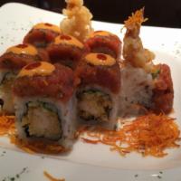 Sweet Hot Roll · Spicy. Shrimp tempura, cucumber with spicy tuna and spicy mayo sauce. Deep fried shredded sw...