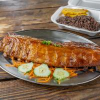 Fried Pork Ribs with BBQ Sauce Plate · Costillas de cerdo BBQ.