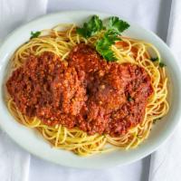 Spaghetti ＆ Meatballs · Spaghetti served with 2 home-style meatballs and meat sauce.