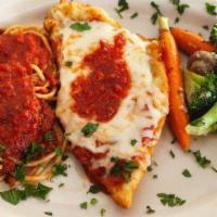 Chicken Parmigiana · Chicken breast breaded, pounded, and lightly fried and topped with Marinara and mozzarella. ...
