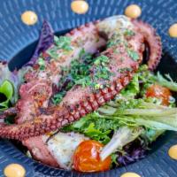 GRILLED OCTOPUS · Rosemary & garlic marinated octopus, mixed greens, cherry tomato, Okinawan sweet potato, pes...