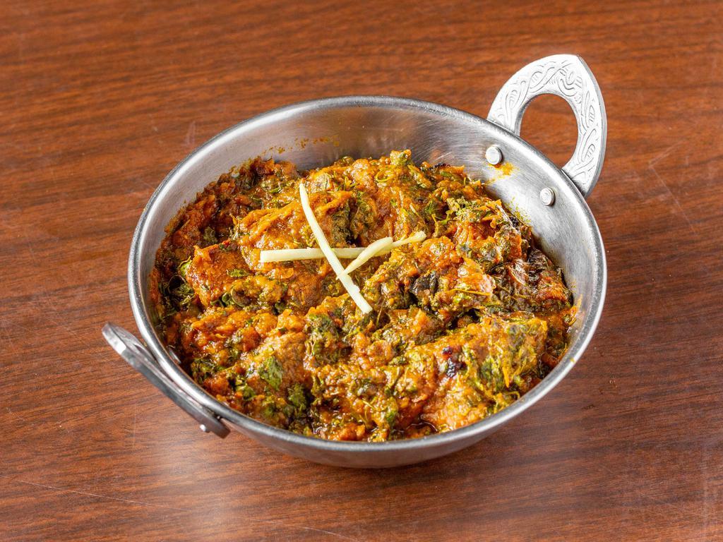 Lamb Methi · Pieces of lamb cooked in a curry based sauce. Served with aromatic basmati rice.