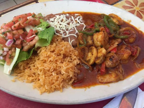 Camarones a la Diabla Plate · Fresh seasoned prawns sautéed with garlic, mushrooms, bell peppers, onions and spicy guajillo salsa. Served with rice, beans (refried), salad and corn tortillas.