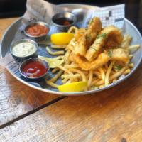 Fish & Chips · English Style Beer Battered Cod Strips, French Fries, Malt Vinegar & Tartar Sauce