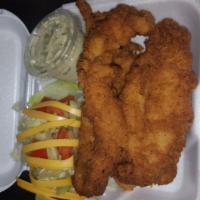 Catfish Dinner · Served with french fries, coleslaw and hush puppies.