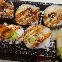 Spider roll · Inside soft shell crab,crab meat and avacado,topped eel sauce