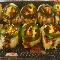29. Fire Cracker Roll · Deep fried crab meat and cream cheese topped with jalapeno, eel sauce and spicy mayo.