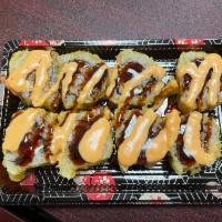 Samurai Special Roll · Deep Fried shrimp tempura,crab stick,and cream cheese, topped spicy tuna,eel sauce and spicy...