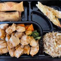 Chicken Teriyaki (box) · includes,fried rice or steam rice or noodle,Vegetable,two pieces shrimp tempura and two (spr...