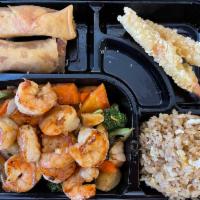 Shrimp Teriyaki (box) · includes,fried rice or steam rice or noodle,Vegetable,two pieces shrimp tempura and two (spr...