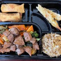 Fillet Mignon Bento Box · includes,fried rice or steam rice or noodle,Vegetable,two pieces shrimp tempura and Two (spr...