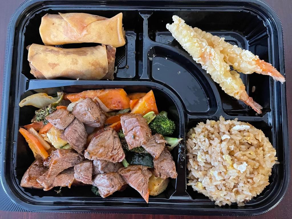 Steak Teriyaki (box) · includes,fried rice or steam rice or noodle,Vegetable,two pieces shrimp tempura and two (spring roll or california roll)