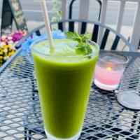 Healthy Greens Smoothie · 20 Oz. Spinach, Kale, Avocado, Apple, Mango, Pineapple, Banana, Ginger, Lime Juice, Honey an...