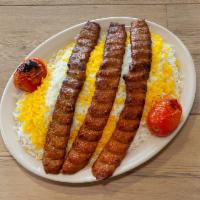 Koobideh Beef · 3 skewers of ground beef kabob, broiled over open flames, served with basmati rice and broil...