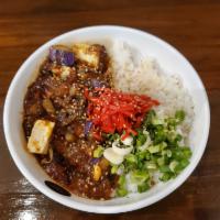 Mabo Tofu Bowl · Vegetarian. Tofu and mushroom in a spicy black bean sauce with green onion, eggplant, red gi...