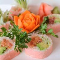 Spicy Soy Paper Maki · Raw. Spicy tuna, cucumber, crunch flake, avocado and wasabi tobiko wrapped with soy paper.