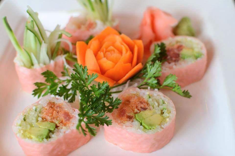 Spicy Soy Paper Maki · Raw. Spicy tuna, cucumber, crunch flake, avocado and wasabi tobiko wrapped with soy paper.