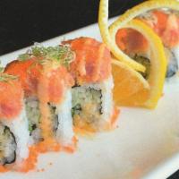 Summer Maki · Raw. Cucumber and avocado topped with spicy tuna and scallions.