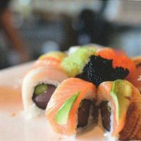 Nobu Maki · Tuna and asparagus topped with tuna, salmon, eel, yellowtail, crunch flakes, 3 color tobiko ...