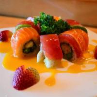 Beauty on the Beach · Raw. Shrimp tempura and cucumber topped with salmon, tuna, mango and avocado with chef's spe...