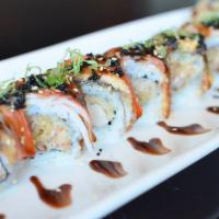 Black Spider Maki · Raw. Soft shell crab topped with eel, tobiko, kani crabmeat and eel sauce.