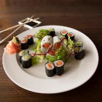 Makimono Combo 2 · Raw. Spicy tuna maki, salmon maki and avocado maki.