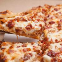 BBQ Chicken Pizza Thin Crust · BBQ sauce, chicken, onions and bacon.