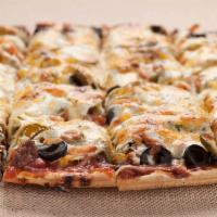 Taste of Mexico Pizza Thin Crust · Ground beef, onions, tomatoes, black olives, jalapenos, mozzarella and cheddar cheese.