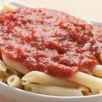 Mostaccioli · Penne pasta with marinara sauce and a side of garlic bread