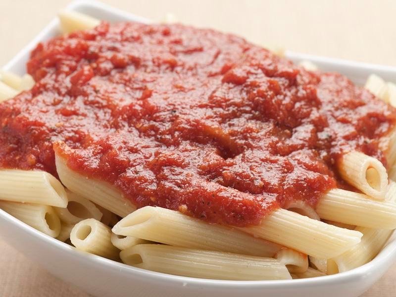 Mostaccioli · Penne pasta with marinara sauce and a side of garlic bread