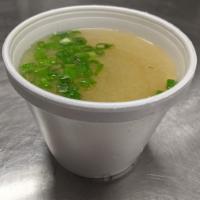 MISO SOUP · 12OZ OF SOUP W/ TOFU, SEAWEED AND GREEN ONION.
