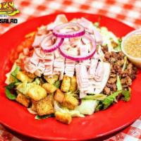 Chef Salad · Ham, turkey, American and Swiss cheese, croutons, tomatoes, bacon, eggs on mixed greens.