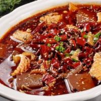 128. Assorted Meat and Blood Cake in Chili Sauce 毛血旺 · Spicy.
