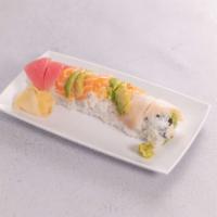 Rainbow Roll · Tuna, salmon, albacore, shrimp, avocado on top of Cali roll. 